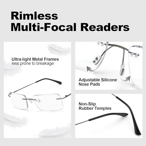 SKYOAK 2 Pack Executive Frameless Progressive Multifocus Reading Glasses for Men, Metal Rimless Computer Readers, Anti Eye Strain/UV No-Line Rectangular Multifocal Eyeglasses, 2.0x - Image 5