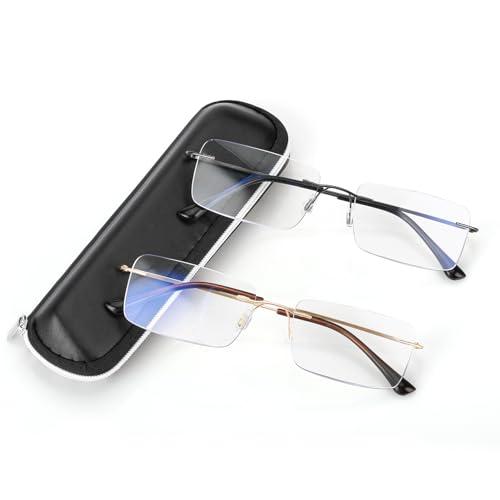 SKYOAK 2 Pack Executive Frameless Progressive Multifocus Reading Glasses for Men, Metal Rimless Computer Readers, Anti Eye Strain/UV No-Line Rectangular Multifocal Eyeglasses, 2.0x - Image 1