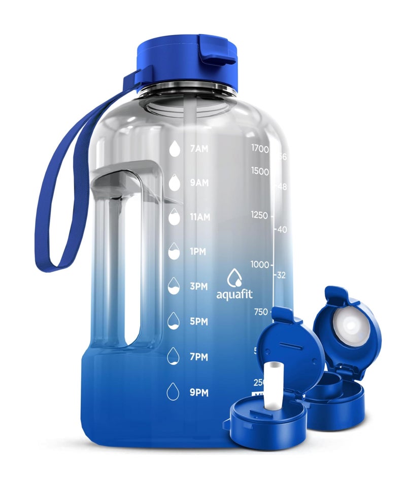 زجاجة ماء AQUAFIT سعة 64 أونصة مع علامة الوقت وشفاطة وسدادة شرب خالية من BPA زجاجة ماء نصف جالون مع مقبض جالون كبير سماء زرقاء 64 أونصة