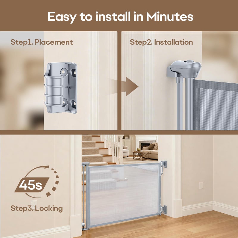 SPACEANY Retractable Baby Gate for Stairs & Doorways - 55" Wide Portable Safety Gate | Fits Baseboards, Easy to Use Indoor/Outdoor | Mesh Gate for Dogs, Puppies, Gray - Image 4