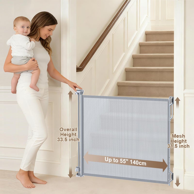 SPACEANY Retractable Baby Gate for Stairs & Doorways - 55" Wide Portable Safety Gate | Fits Baseboards, Easy to Use Indoor/Outdoor | Mesh Gate for Dogs, Puppies, Gray - Image 2