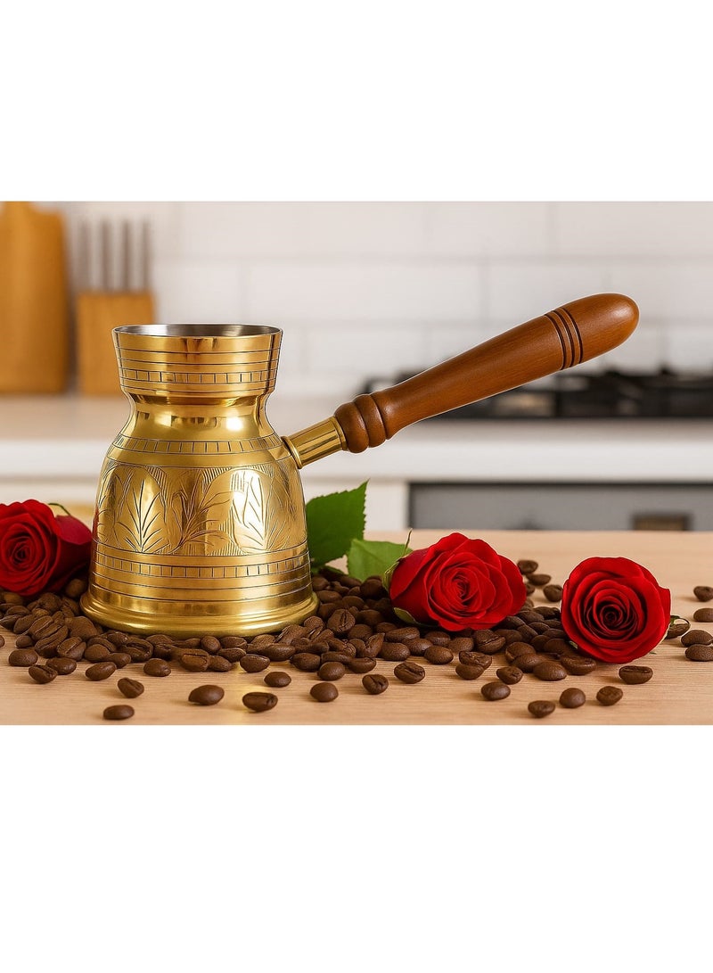 Royal Brass Turkish Coffee Warmer Turkish Style Brass Coffee Pot with Wooden Handle, Gold Brass Coffee Warmer 10 Centimeter - Image 2