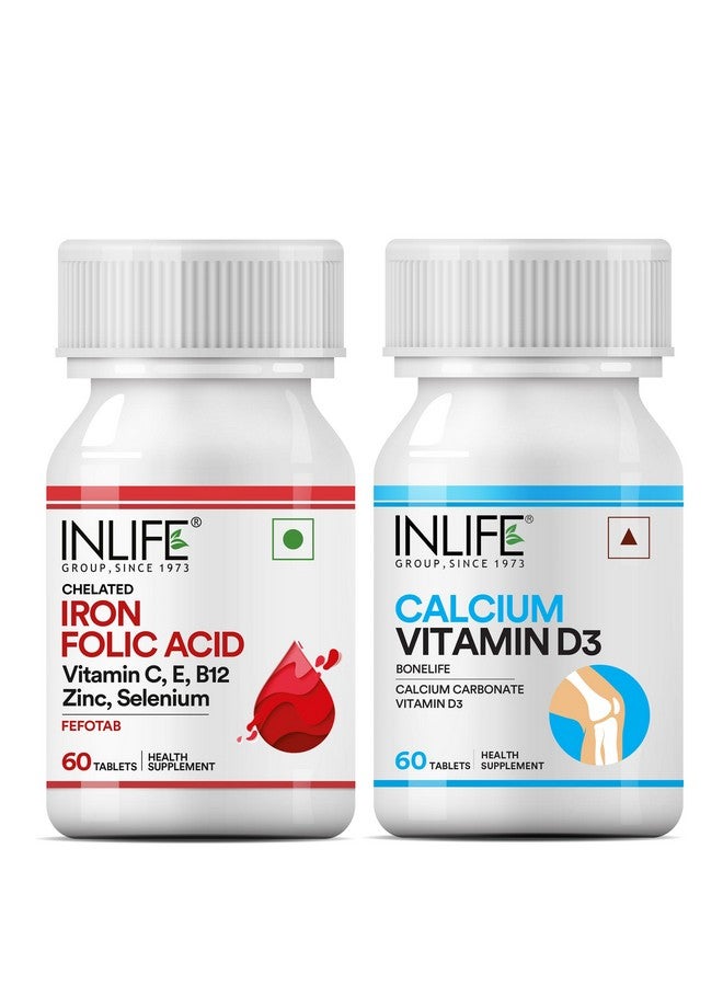 Inlife مكمل الحديد المخلب وحمض الفوليك مع أقراص الكالسيوم فيتامين د3 | حزمة كومبو - 60 قرص × 2 - Image 1