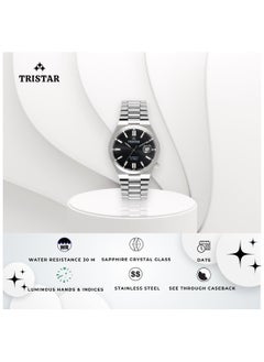 Tristar NJ Series Men's Automatic Watch Black Index Dial Stainless Steel Bracelet Wrist Watch for Men  - Image 5