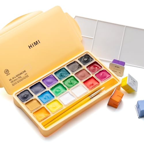 HIMI Gouache Paints Set, 18 Colors, 30g, jelly gouache paint set, Non Toxic Paint for Canvas and Paper, Art Supplies for Professionals, and More (Yellow Case) - Image 1