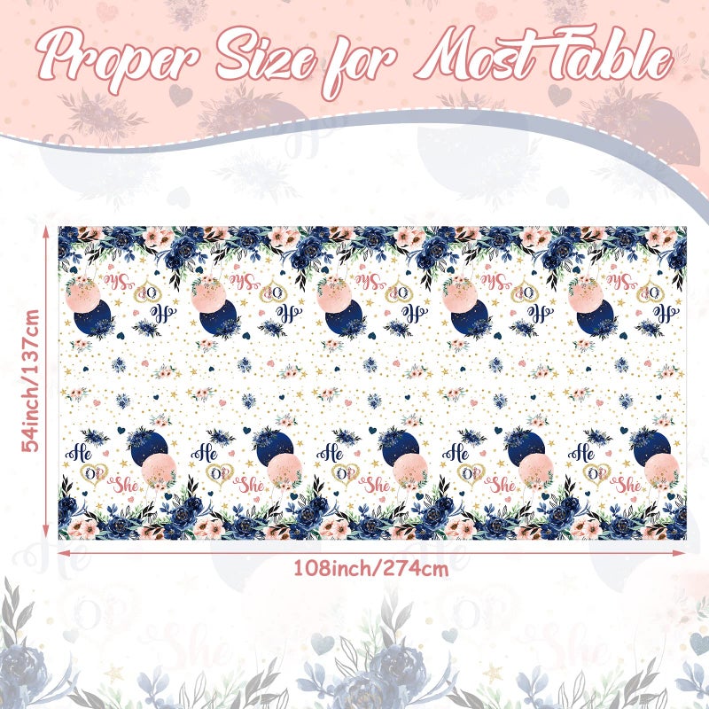 Coume 3 Pack Gender Reveal Decoration Tablecloths Navy and Blush He or She Plastic Table Cover Blue and Pink Floral Rectangle Tablecloth for Gender Reveal Baby Shower Party, 54 x 108 Inch - Image 2
