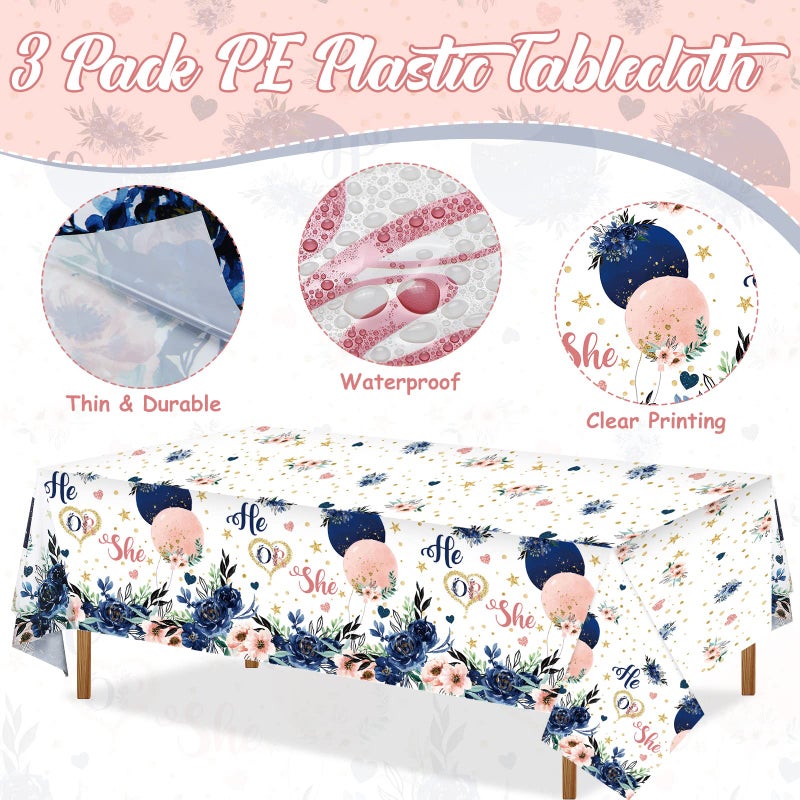 Coume 3 Pack Gender Reveal Decoration Tablecloths Navy and Blush He or She Plastic Table Cover Blue and Pink Floral Rectangle Tablecloth for Gender Reveal Baby Shower Party, 54 x 108 Inch - Image 3