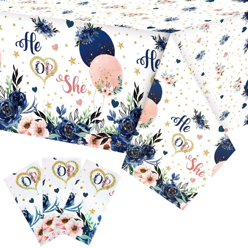 Coume 3 Pack Gender Reveal Decoration Tablecloths Navy and Blush He or She Plastic Table Cover Blue and Pink Floral Rectangle Tablecloth for Gender Reveal Baby Shower Party, 54 x 108 Inch - Image 1