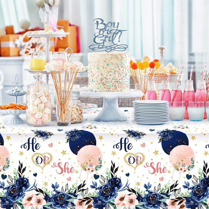 Coume 3 Pack Gender Reveal Decoration Tablecloths Navy and Blush He or She Plastic Table Cover Blue and Pink Floral Rectangle Tablecloth for Gender Reveal Baby Shower Party, 54 x 108 Inch - Image 5