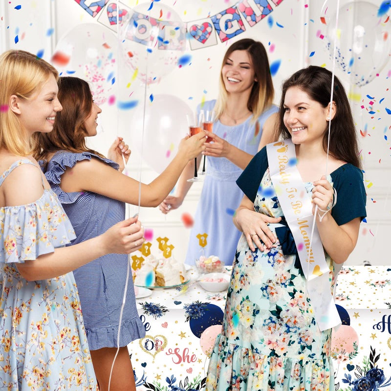 Coume 3 Pack Gender Reveal Decoration Tablecloths Navy and Blush He or She Plastic Table Cover Blue and Pink Floral Rectangle Tablecloth for Gender Reveal Baby Shower Party, 54 x 108 Inch - Image 4