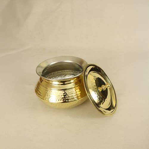 Spillbox Putrika Brass Kitchen Appliances Cooking Serving Pot Pan|Biryani Handi|Urli|Serveware|Tope |Patila|Cookware Bowl|Cooking Bowl Set with Lid-Hammered Patila (Gold, Small), Polished, 500 Ml - Image 3