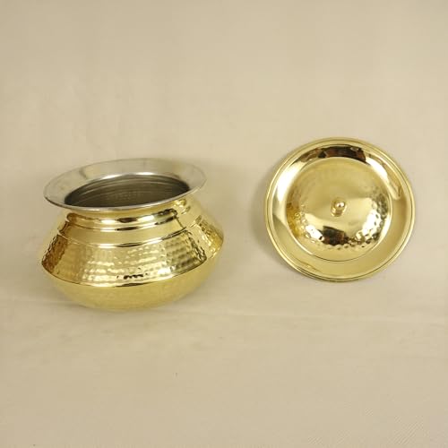 Spillbox Putrika Brass Kitchen Appliances Cooking Serving Pot Pan|Biryani Handi|Urli|Serveware|Tope |Patila|Cookware Bowl|Cooking Bowl Set with Lid-Hammered Patila (Gold, Small), Polished, 500 Ml - Image 5