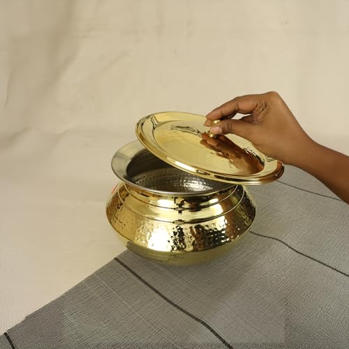 Spillbox Putrika Brass Kitchen Appliances Cooking Serving Pot Pan|Biryani Handi|Urli|Serveware|Tope |Patila|Cookware Bowl|Cooking Bowl Set with Lid-Hammered Patila (Gold, Small), Polished, 500 Ml - Image 2