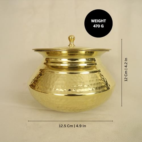 Spillbox Putrika Brass Kitchen Appliances Cooking Serving Pot Pan|Biryani Handi|Urli|Serveware|Tope |Patila|Cookware Bowl|Cooking Bowl Set with Lid-Hammered Patila (Gold, Small), Polished, 500 Ml - Image 4