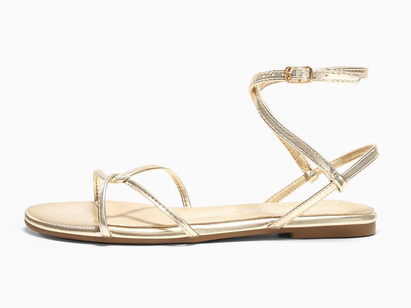 Coutgo Womens Flat Sandals Strappy Open Toe Cross Lace Up Ankle Strap Summer Dressy Beach Shoes, Gold, size 8 - Image 4