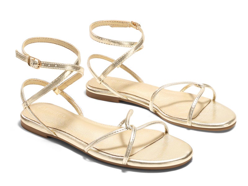 Coutgo Womens Flat Sandals Strappy Open Toe Cross Lace Up Ankle Strap Summer Dressy Beach Shoes, Gold, size 8 - Image 1