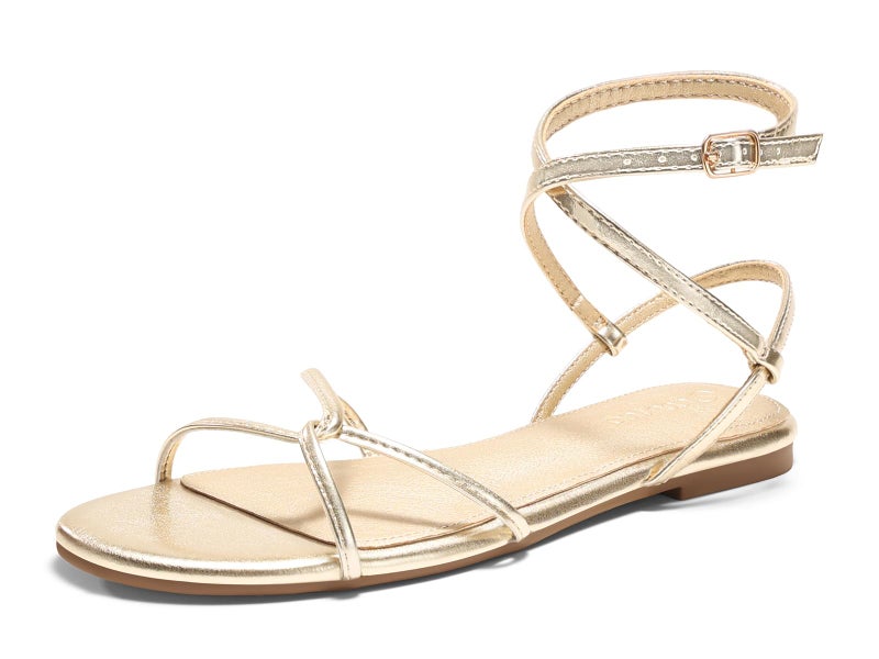 Coutgo Womens Flat Sandals Strappy Open Toe Cross Lace Up Ankle Strap Summer Dressy Beach Shoes, Gold, size 8 - Image 5