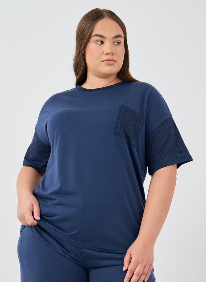 Styli Styli Plus Size Schiffli Short Sleeve T-Shirt and Pyjama Set  - Image 2