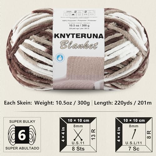 Knyteruna #6 Super Bulky Blanket Yarn for Crocheting - 4 Skeins(Each 10.5oz/300g, 220yds/201m), Chunky Chenille Thick Plush Big Soft Yarn for Crocheting Knitting Blankets, Multi Coffee & White - Image 2