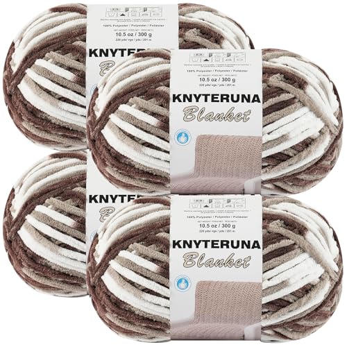 Knyteruna #6 Super Bulky Blanket Yarn for Crocheting - 4 Skeins(Each 10.5oz/300g, 220yds/201m), Chunky Chenille Thick Plush Big Soft Yarn for Crocheting Knitting Blankets, Multi Coffee & White - Image 1