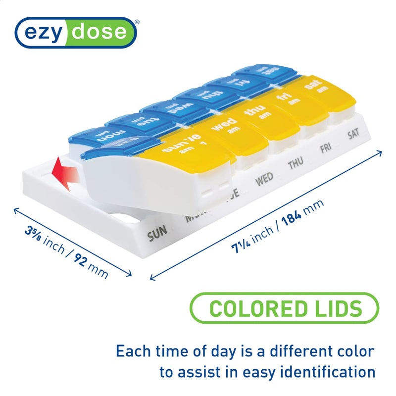 EZY DOSE Weekly AM/PM Pill Organizer, 7-Day Vitamin and Medication Box with Large Pop-Out Compartments, 2 Times a Day Pill Holder for Easy Dosing, Yellow and Blue Lids, Travel-Friendly Design - Image 3