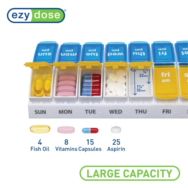 EZY DOSE Weekly AM/PM Pill Organizer, 7-Day Vitamin and Medication Box with Large Pop-Out Compartments, 2 Times a Day Pill Holder for Easy Dosing, Yellow and Blue Lids, Travel-Friendly Design - Image 2