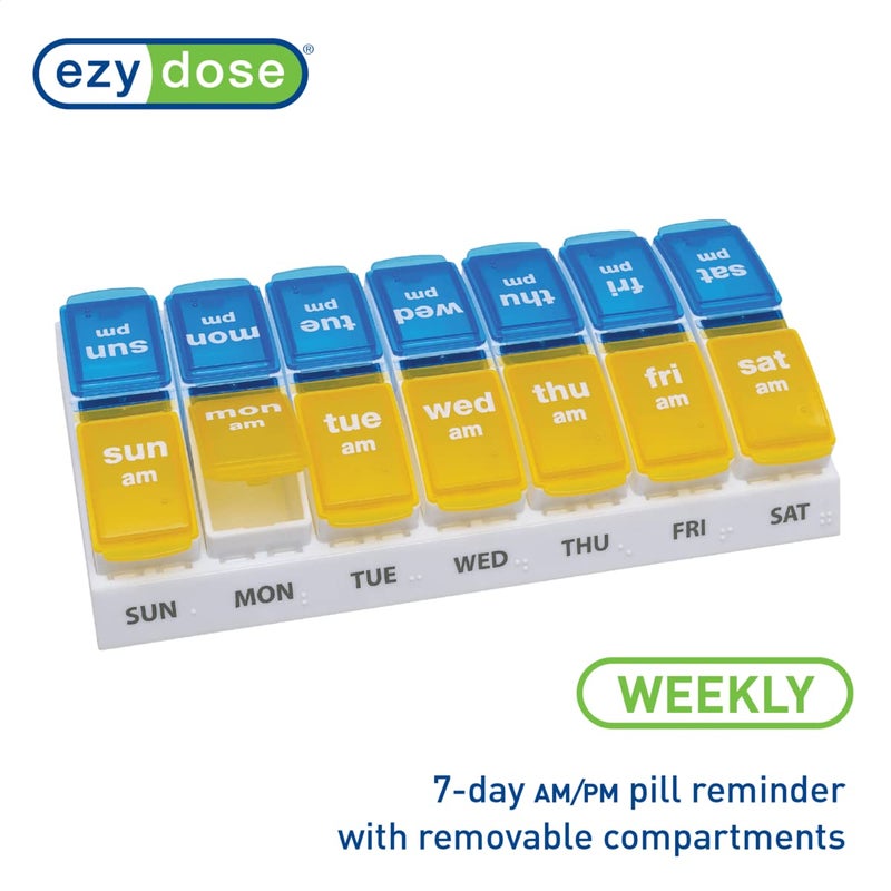 EZY DOSE Weekly AM/PM Pill Organizer, 7-Day Vitamin and Medication Box with Large Pop-Out Compartments, 2 Times a Day Pill Holder for Easy Dosing, Yellow and Blue Lids, Travel-Friendly Design - Image 5