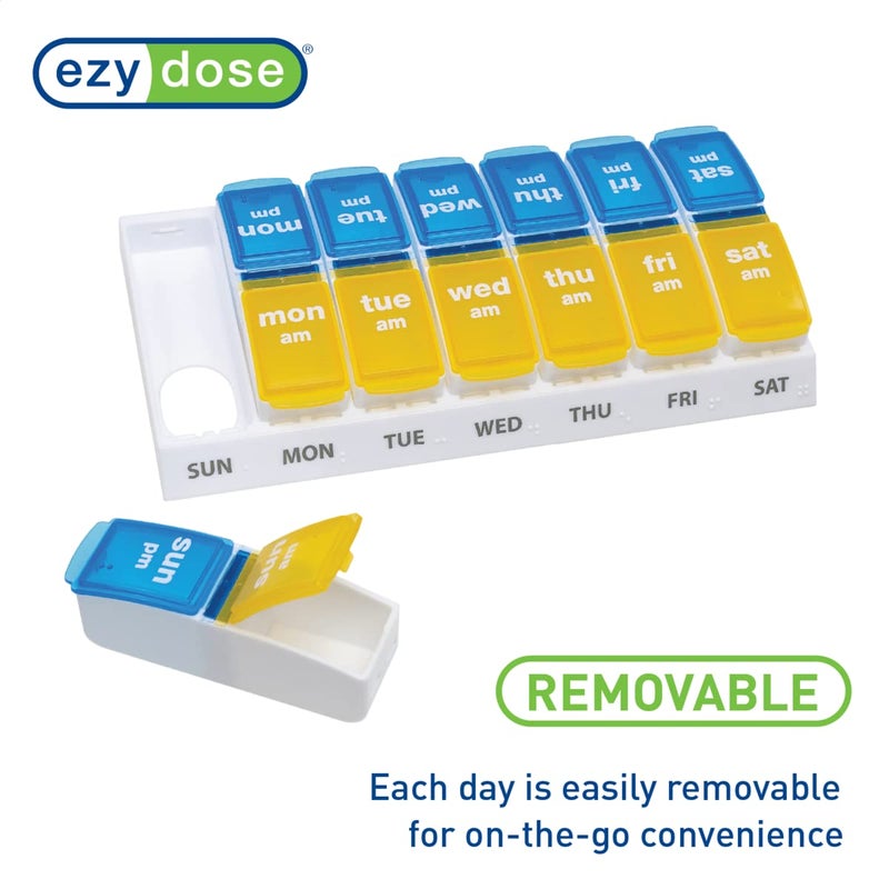 EZY DOSE Weekly AM/PM Pill Organizer, 7-Day Vitamin and Medication Box with Large Pop-Out Compartments, 2 Times a Day Pill Holder for Easy Dosing, Yellow and Blue Lids, Travel-Friendly Design - Image 4