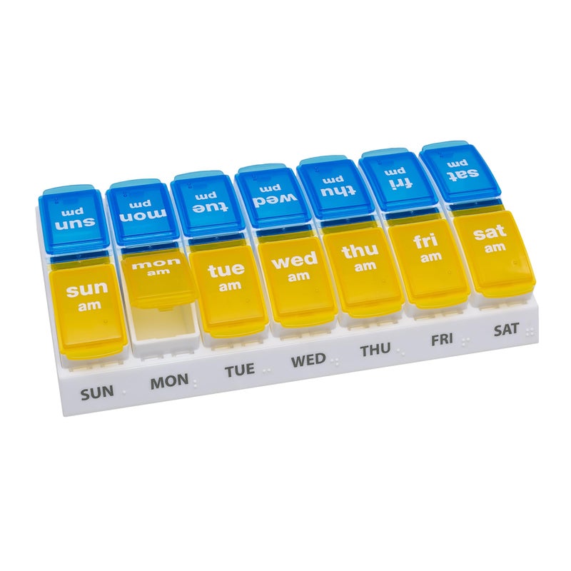 EZY DOSE Weekly AM/PM Pill Organizer, 7-Day Vitamin and Medication Box with Large Pop-Out Compartments, 2 Times a Day Pill Holder for Easy Dosing, Yellow and Blue Lids, Travel-Friendly Design - Image 1