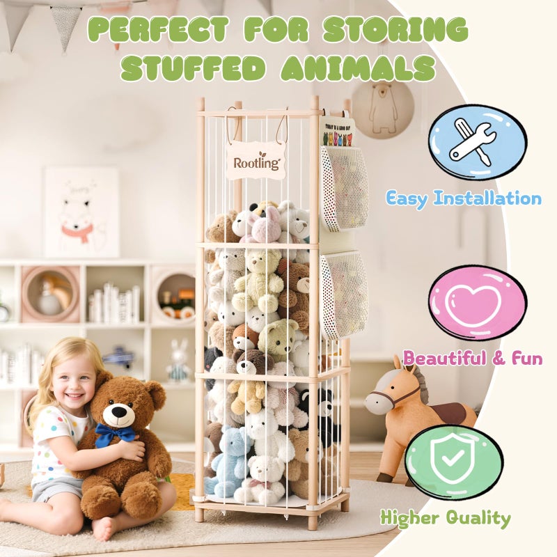 Rootling Stuffed Animal Storage & Organizer, 54 inch Tall Wooden Cute Zoo Toy Holder w/Building Block Storage Bag, Premium Wooden Material with Elastic Cord For Toddler Rooms, Playrooms & Bedrooms - Image 5