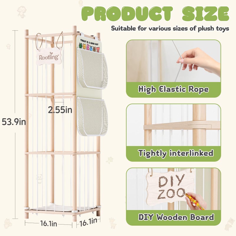 Rootling Stuffed Animal Storage & Organizer, 54 inch Tall Wooden Cute Zoo Toy Holder w/Building Block Storage Bag, Premium Wooden Material with Elastic Cord For Toddler Rooms, Playrooms & Bedrooms - Image 3