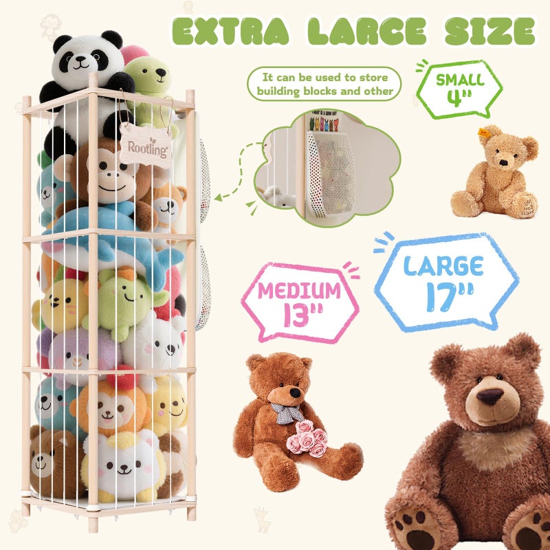 Rootling Stuffed Animal Storage & Organizer, 54 inch Tall Wooden Cute Zoo Toy Holder w/Building Block Storage Bag, Premium Wooden Material with Elastic Cord For Toddler Rooms, Playrooms & Bedrooms - Image 4