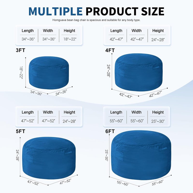 Homguava 3FT Bean Bag Chair: 3' Bean Bags with Memory Foam Filled, Large Beanbag Chairs Soft Sofa with Dutch Velvet Cover-Blue - Image 3