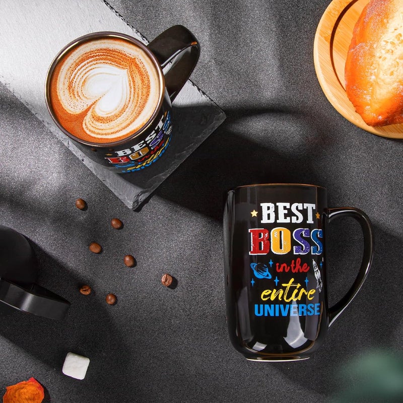ALBISS Economical upgraded quality Boss Gifts for Men Women, Funny Print Best Boss in The Entire Universe Office Appreciation，Christmas，Birthday Gifts for Bosses，Bosslady -18oz Large Black Ceramic Coffee Mug Set Whit Lid，Card，Gift Box Classic design alternatives - Image 5