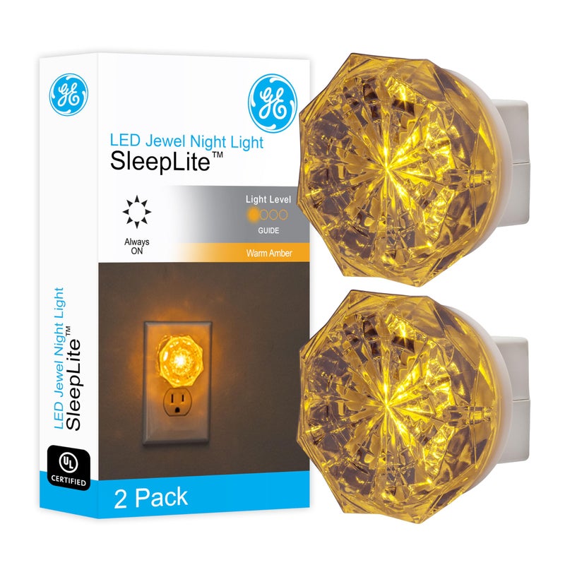 GE SleepLite Jewel LED Night Light Plugin Always on Amber ULCertified Energy Efficient Ideal Nightlight for Bedroom Bathroom Nursery Hallway Kitchen 11286 2 Pack