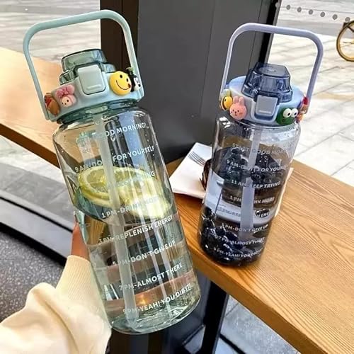 FLUZOV 2 L Capacity Belt Straw Transparent Motivational Water Bottles with Time Marker Leak Proof BreakProof Best Usage for SchoolCollegeGymTravel Bottle BPAFree Fitness Sports Bottle - Image 2