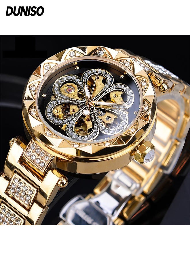DUNISO ساعة ميكانيكية أوتوماتيكية للنساء، مع ألماس ونقش زهور، ساعة معصم ميكانيكية Hollow مقاومة للماء - Image 1