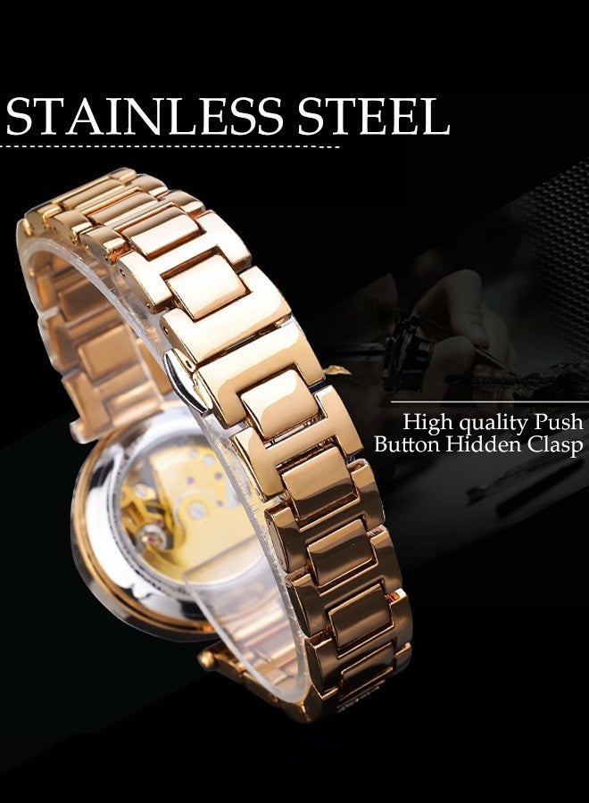 DUNISO ساعة ميكانيكية أوتوماتيكية للنساء، مع ألماس ونقش زهور، ساعة معصم ميكانيكية Hollow مقاومة للماء - Image 5