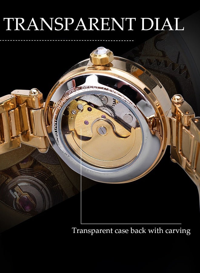 DUNISO ساعة ميكانيكية أوتوماتيكية للنساء، مع ألماس ونقش زهور، ساعة معصم ميكانيكية Hollow مقاومة للماء - Image 4