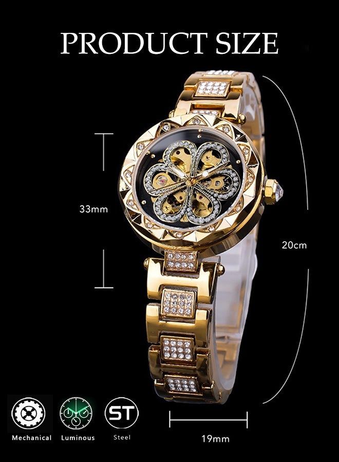 DUNISO ساعة ميكانيكية أوتوماتيكية للنساء، مع ألماس ونقش زهور، ساعة معصم ميكانيكية Hollow مقاومة للماء - Image 2