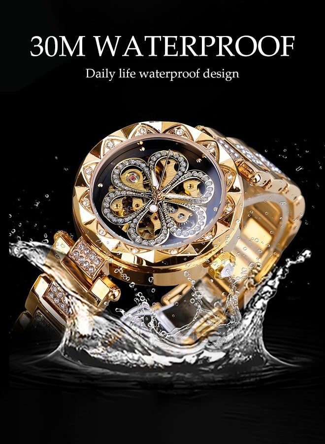 DUNISO ساعة ميكانيكية أوتوماتيكية للنساء، مع ألماس ونقش زهور، ساعة معصم ميكانيكية Hollow مقاومة للماء - Image 3