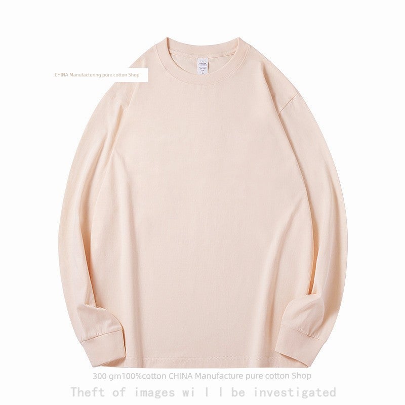 Cotton 300g heavy pure cotton long-sleeved t-shirt for men and women, pure white loose top with thick undershirt - Image 3