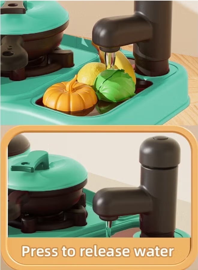 Kitchen Pretend Toy Set,,Kids Mini Kitchen Toys Simulation Cooking Set,Kids Kitchen Playset Mini Kitchen Toy Set, Toddlers Cooking Pretend Play Interactive Station, Kids Toy Kitchen Set with Play Sink, Spray, Realistic Light & Sound,With Kitchenware and Fruit Model for Girl and Boy ﻿ - Image 4