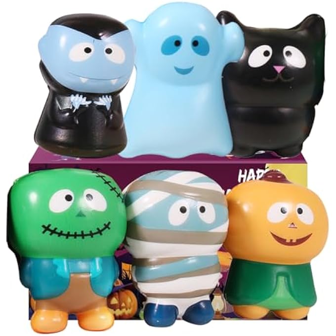 FauKait New 6 Packs-Halloween Squishies Toys Slow Rising Party Favors:Pumpkin,Zombie,Black Cat,Mummy,Vampire,Ghost Halloween Treat Bag Classroom Prizes,Stress Relief Toys for Kids Toddlers Gift - Image 1