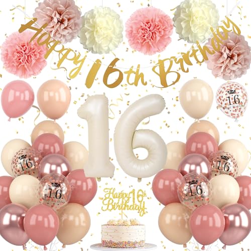 Froova 16th Birthday Decorations Retro Blush Pink Sweet 16 Girls Birthday Balloons Happy 16th Banner Cake Toppers Rose Gold Number 1 6 Balloon Pom Poms for 16 Year Old Bday Party Decoration Supplies - Image 1