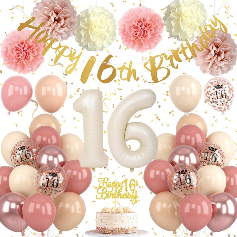 Froova 16th Birthday Decorations Retro Blush Pink Sweet 16 Girls Birthday Balloons Happy 16th Banner Cake Toppers Rose Gold Number 1 6 Balloon Pom Poms for 16 Year Old Bday Party Decoration Supplies - Image 2