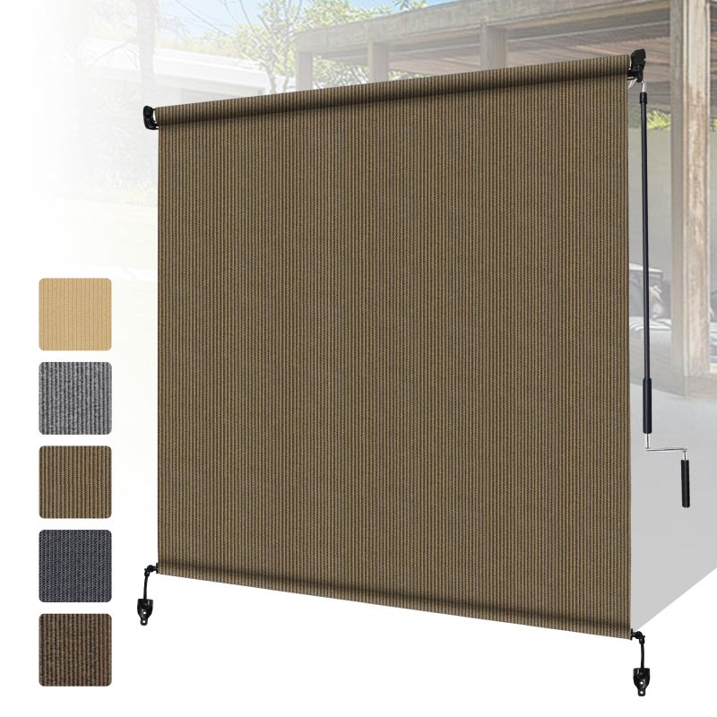 Shade&Beyond Outdoor Roller Shades with Splicing Design, 8' W x 8' H Cordless Patio Roll Up Blinds, Exterior Shade Cloth Roll for Porch, Gazebo, Pergola, Balcony, Coffee Brown - Image 1
