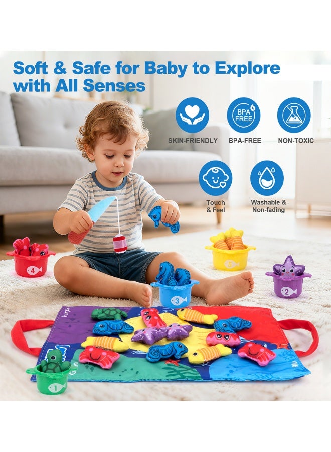 SUZZ 22Pcs Cloth Ocean Fishing Game for Babies 6–18 Months, Montessori Toys for Toddlers, Soft Early Learning Toy with Different Animals, Stacking Cups, Fine Motor Skills, Number Counting & Color Sorting for Boys Girls - Image 4