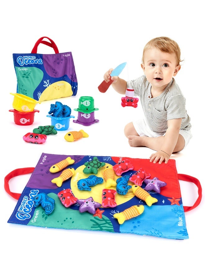 SUZZ 22Pcs Cloth Ocean Fishing Game for Babies 6–18 Months, Montessori Toys for Toddlers, Soft Early Learning Toy with Different Animals, Stacking Cups, Fine Motor Skills, Number Counting & Color Sorting for Boys Girls - Image 1