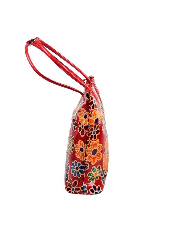 ZINT Women's Hand Painted Genuine Leather Shantiniketan Boho Floral Red Beach Tote Shopping Bag - Image 3